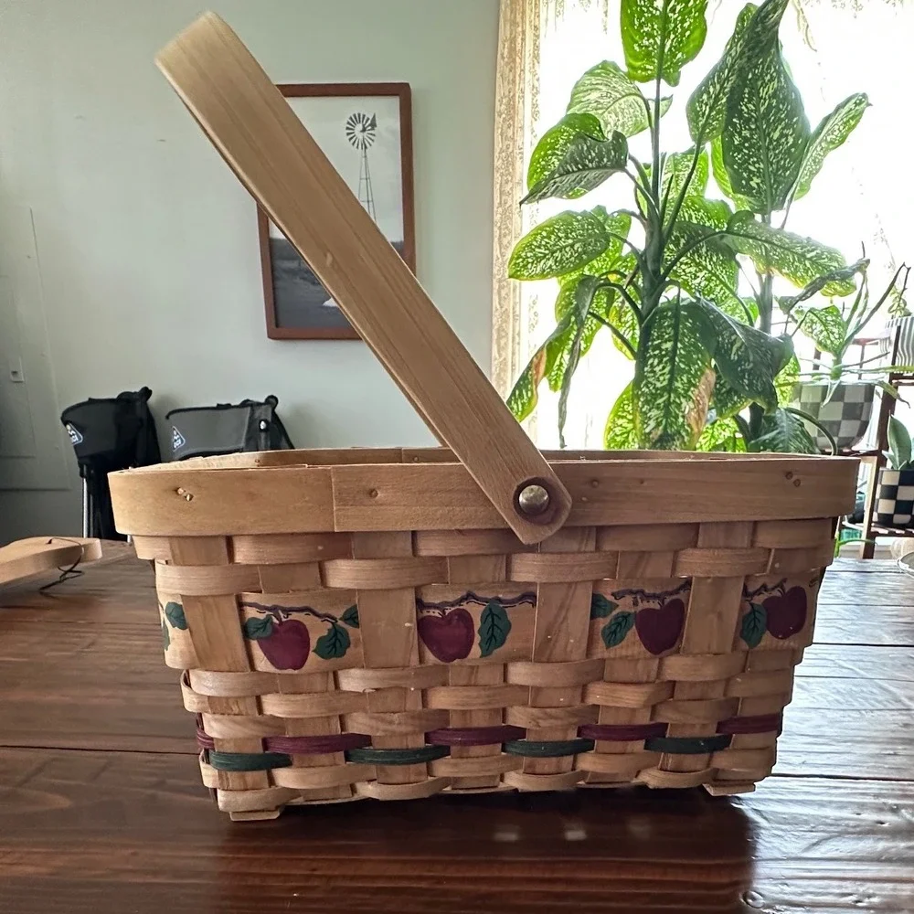 Vintage Woven Wood Splint Apple Basket Farmhouse Decor Swing Handle Rectangular